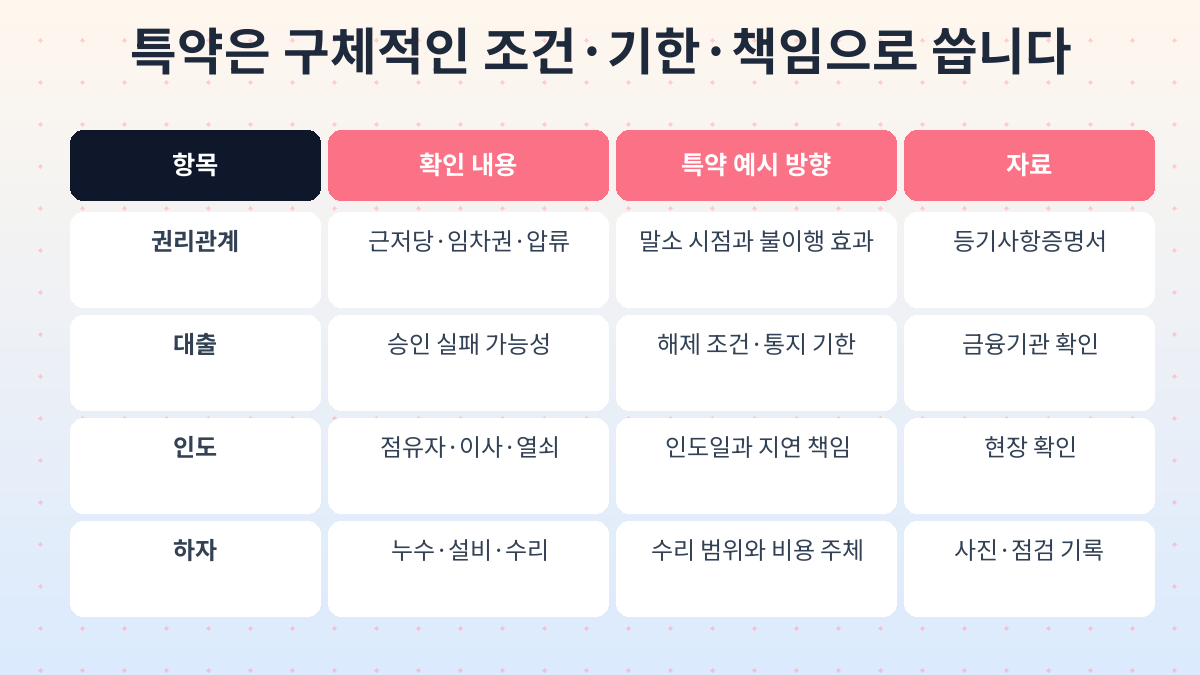 등기, 대출, 인도, 하자별 부동산 매매계약 특약 확인 항목