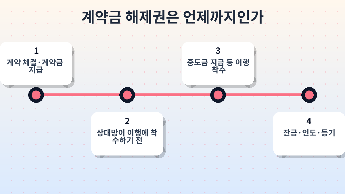 계약금, 이행 착수, 중도금, 잔금, 인도, 등기 순서를 나타낸 한국 부동산 계약 시간축