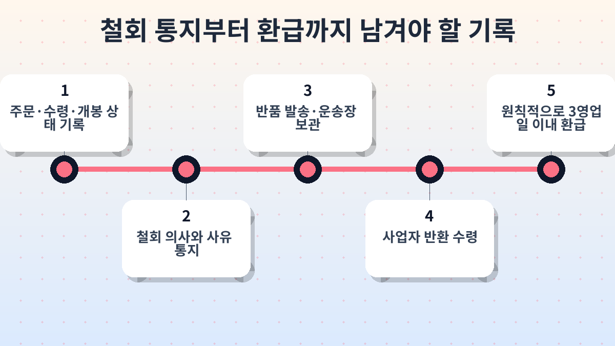 청약철회 통지, 반품 발송, 사업자 수령, 환급까지의 대한민국 전자상거래 절차