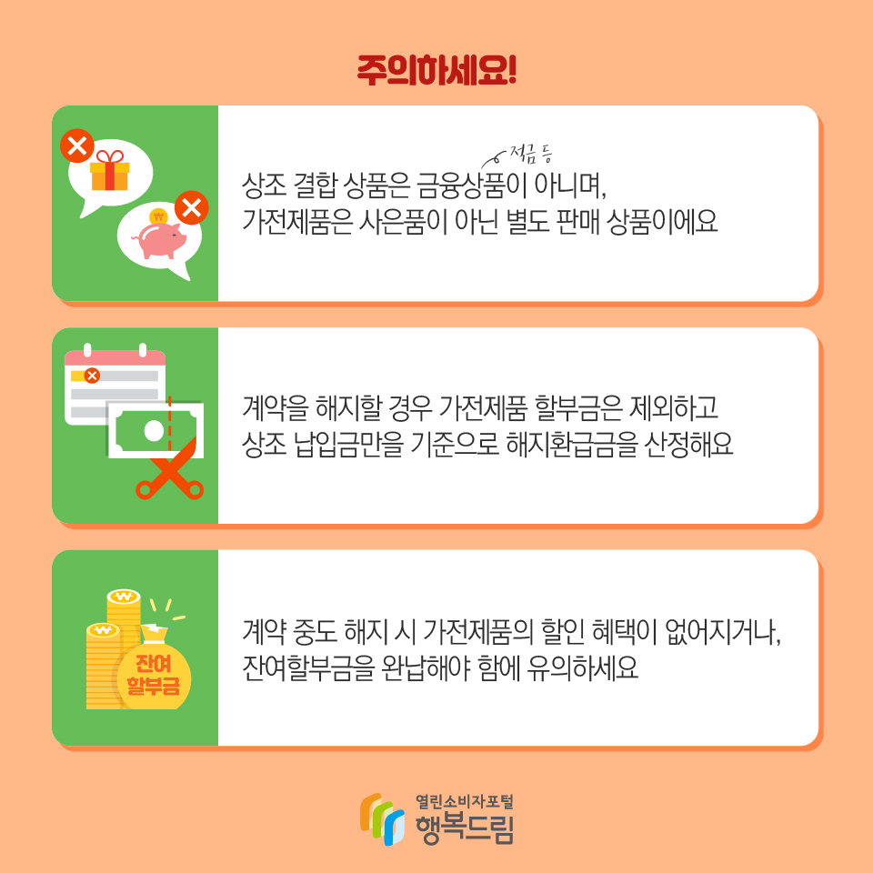 한국소비자원 상조 결합상품은 금융상품이 아니며 중도해지 때 별도 가전제품 계약을 확인하라는 안내